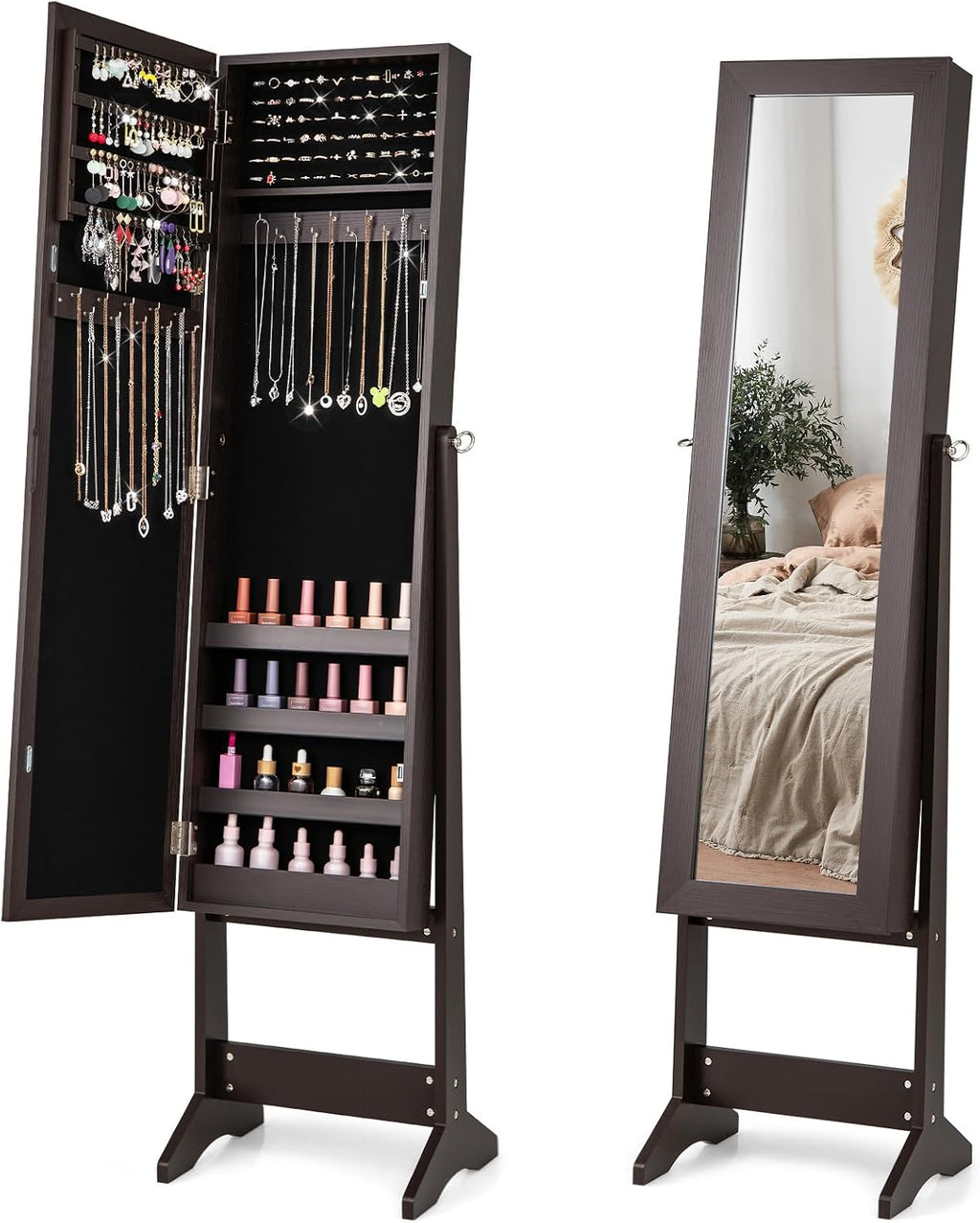 COSTWAY Jewelry Armoire Cabinet, Standing Jewelry Organizer with Full-length Mirror & 3 Adjustable Angles, Large Storage Capacity Jewelry Cabinet for Bedroom, Dressing Room (Coffee)