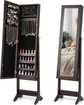 COSTWAY Jewelry Armoire Cabinet, Standing Jewelry Organizer with Full-length Mirror & 3 Adjustable Angles, Large Storage Capacity Jewelry Cabinet for Bedroom, Dressing Room (Coffee)