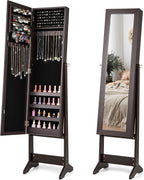 COSTWAY Jewelry Armoire Cabinet, Standing Jewelry Organizer with Full-length Mirror & 3 Adjustable Angles, Large Storage Capacity Jewelry Cabinet for Bedroom, Dressing Room (Coffee)