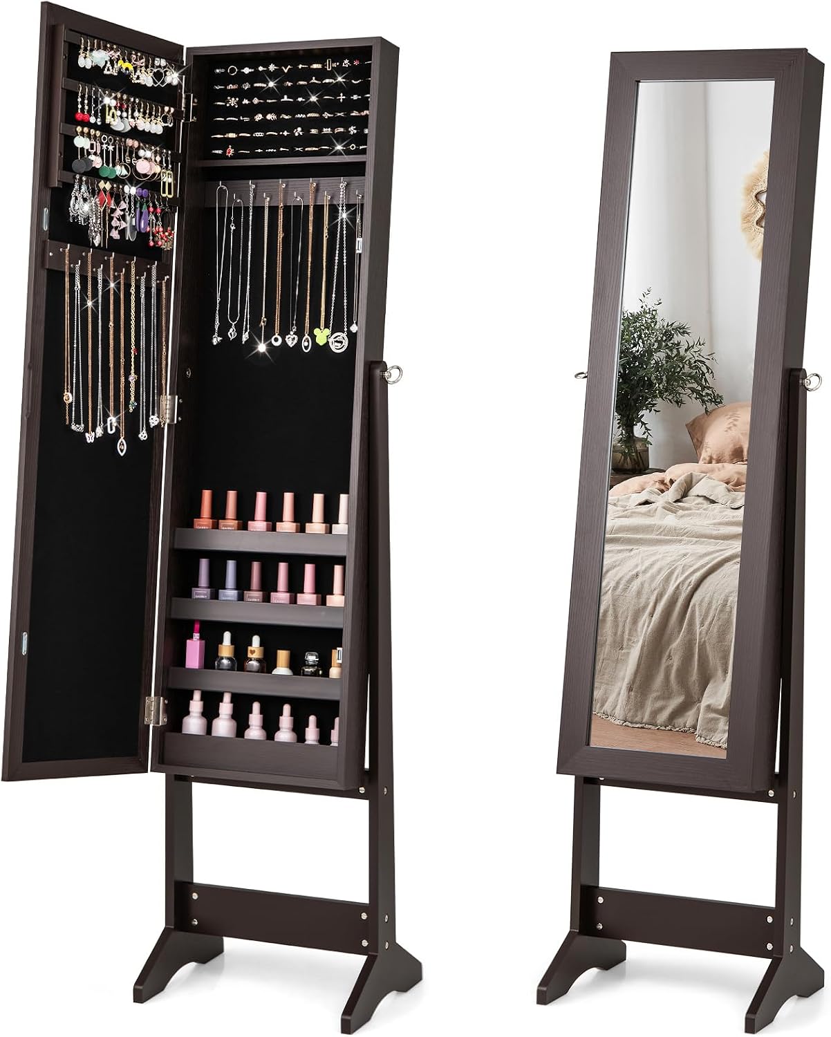 COSTWAY Jewelry Armoire Cabinet, Standing Jewelry Organizer with Full-length Mirror & 3 Adjustable Angles, Large Storage Capacity Jewelry Cabinet for Bedroom, Dressing Room (Coffee)