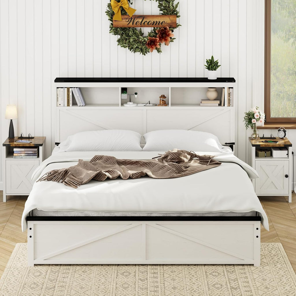 Fameill Farmhouse End Tables with Charging Station, Modern White | Nightstand with Barn Door and Shelf, Rustic Living Room Bedroom Side Table