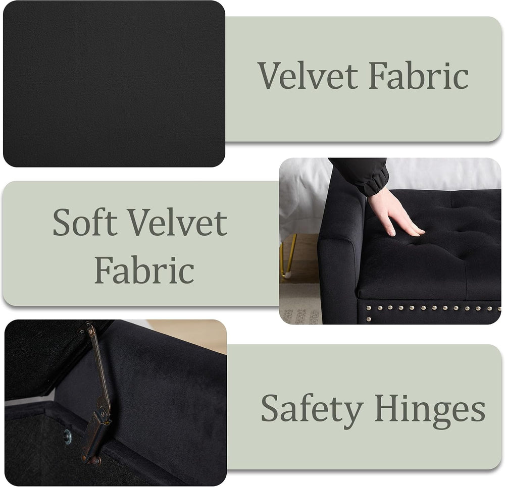 47in Velvet Storage Ottoman Bench with Arms, Upholstered Storage Bench with W...