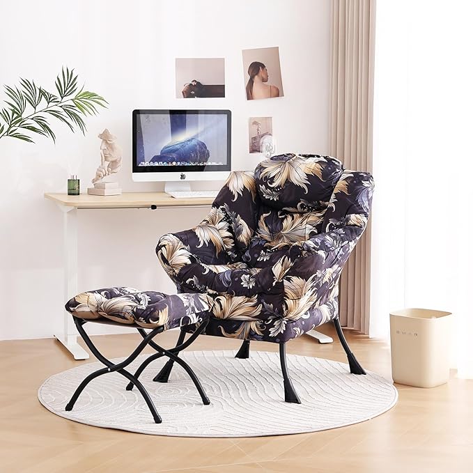 Tiita Lazy Chair with Ottoman, Modern Large Accent Lounge Chair, Leisure Sofa Armchair with Ottoman, Reading Chair with Footrest for Bedroom, Living Room, Dorm Rooms, Garden and Courtyard