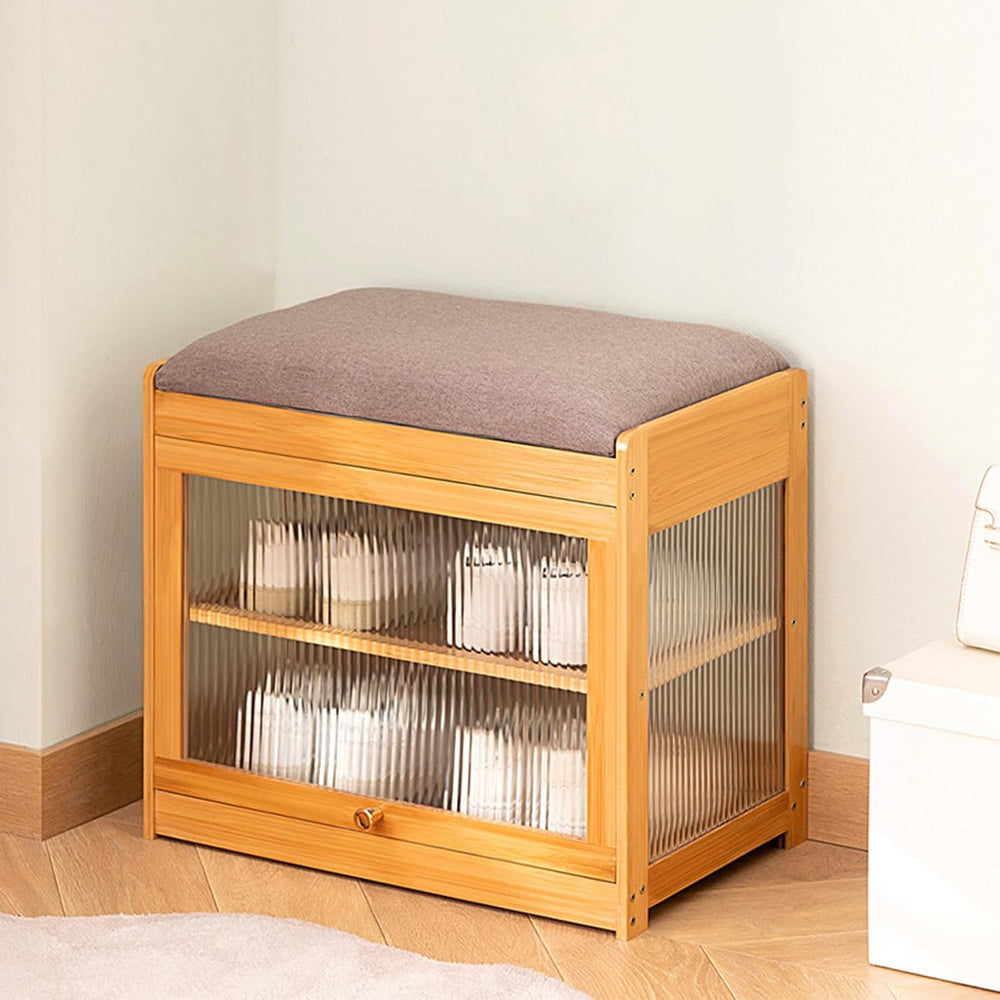 Shoe Storage Bench- Bamboo Entryway Bench with Seat Cushion, 2-Tier Shoe Rack...