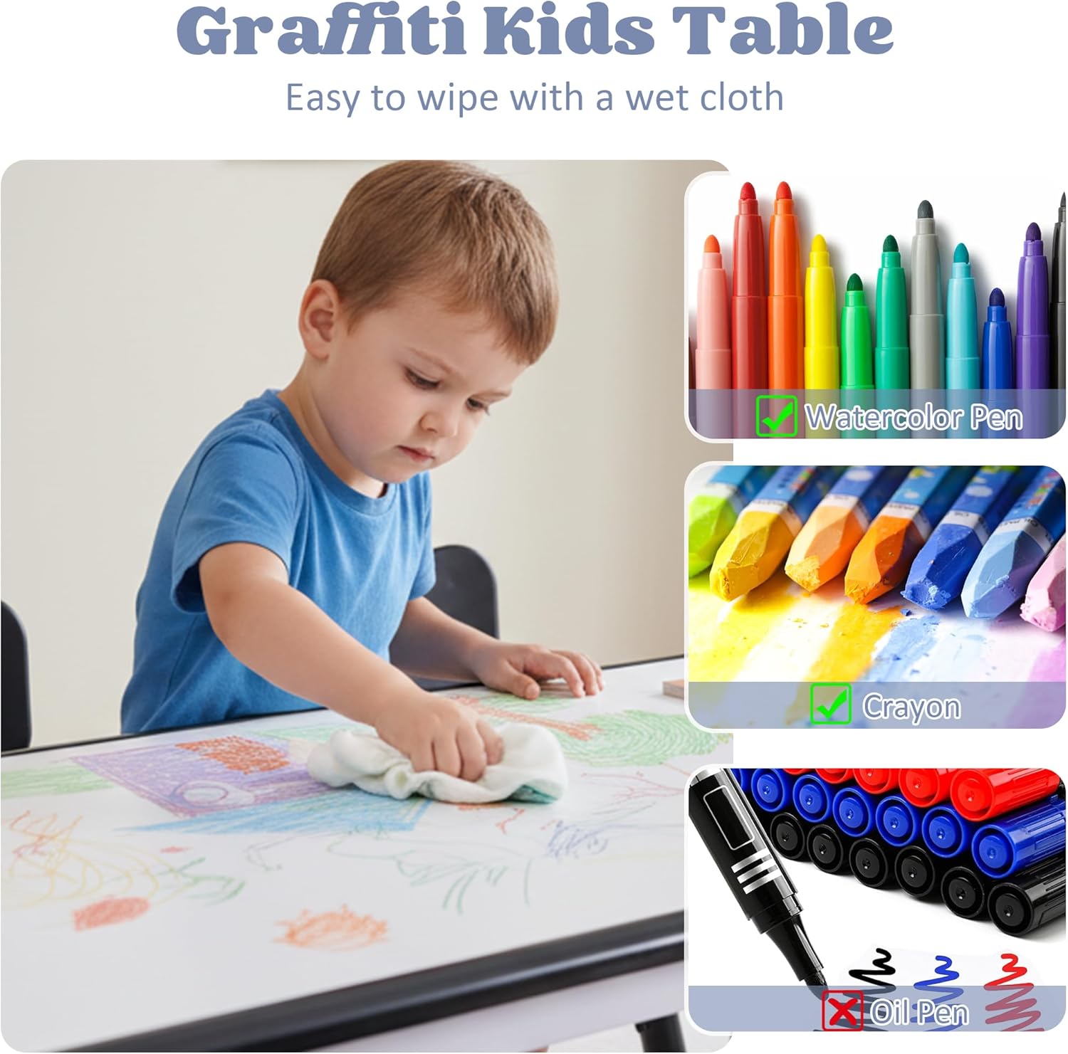 Kids Table and 4 Chairs Set, Height Adjustable Toddler Table and Chair Set, Toddler Desk with Graffiti Desktop & Non-Slip Legs, Children Activity Table for Daycare, Classroom (Black)