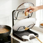2-Tier Pot Lid Holder with Detachable Drip Tray, Kitchen Organizer | Two-tier countertop rack stores pot lids, pan covers, cutting boards, and ladles; detachable tray helps collect drips.