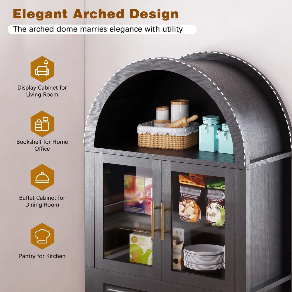 71" Tall Arched Kitchen Pantry Cabinet with Glass Door, Versatile Cupboa...