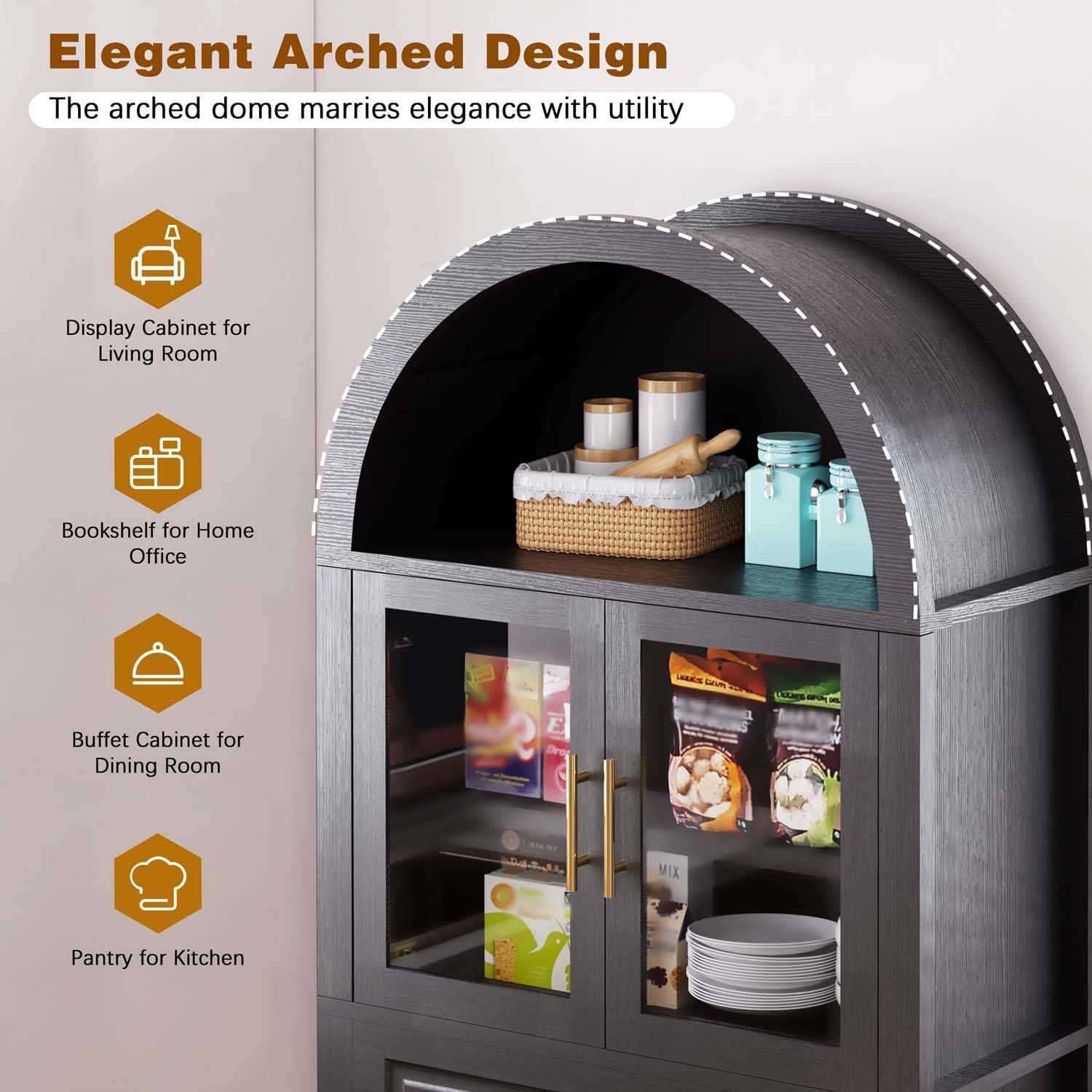 71" Tall Arched Kitchen Pantry Cabinet with Glass Door, Versatile Cupboard with Adjustable Shelves & Barn Door Design, Farmhouse Wooden Storage Cabinet for Kitchen, Living & Dining Room (Black)