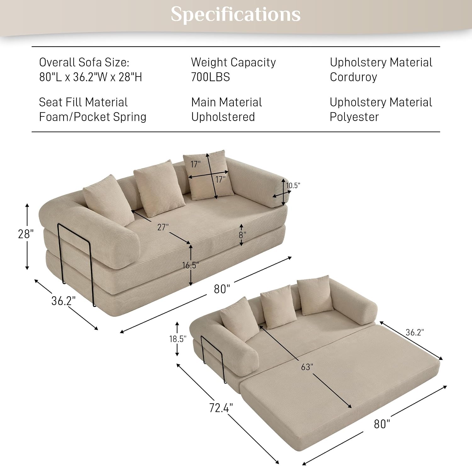 DAMAIFROM Convertible Sleeper Sofa Bed Floor Boneless Couch, Light Brown | 80" Corduroy Modular Compressed Futon Sofa Bed, Pull-Out Cloud Loveseat with Memory Foam Mattress for Living Room