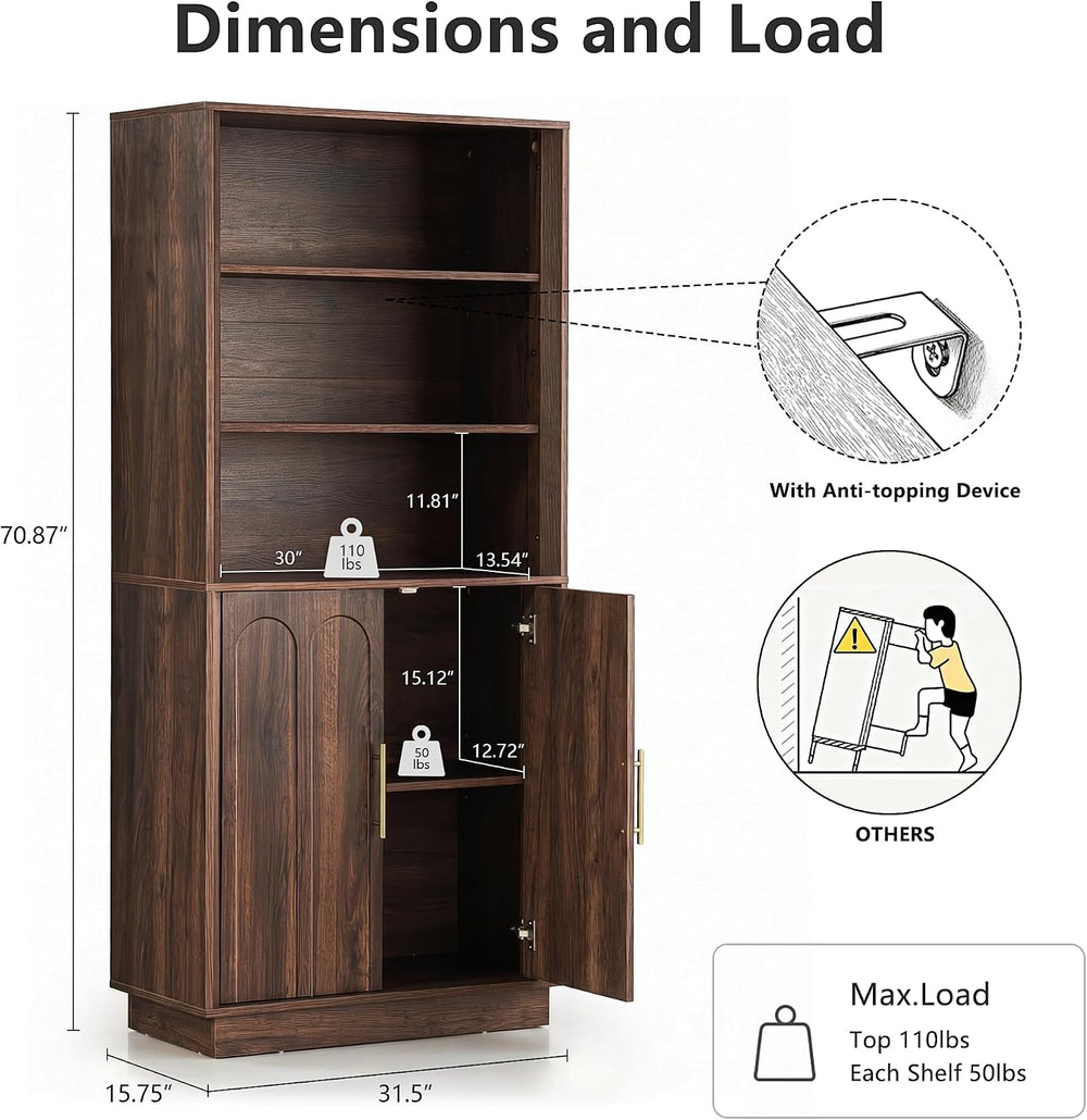 FORTUNETEC 71" Tall Bookcase, 3-Tier Bookshelf with Storage, Walnut