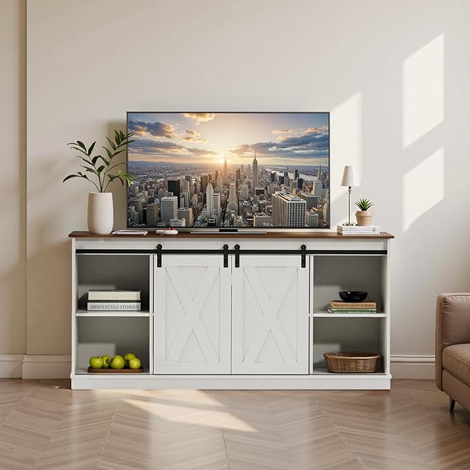 Sweetcrispy TV Stand for Televisions up to 65 Inch Farmhouse Entertainment Center with Storage Cabinets Sliding Barn Doors Modern Living Room Furniture Media Console Table for Bedroom, White