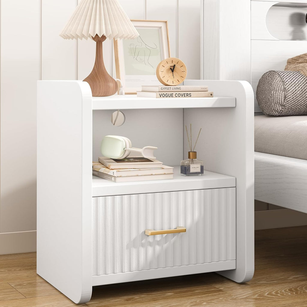 Night Stand with Charger Station, Fluted Wood Nightstand with Drawer Storage, Modern Bedside Table, Wide Nightstands for Bedroom, Mid Century Wooden Night Stands for Home Office Sofa Couch