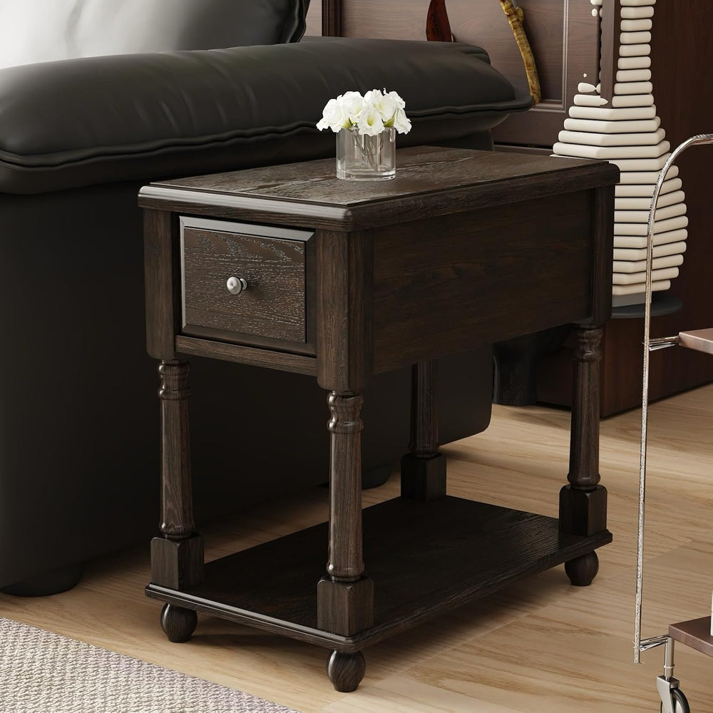 Narrow End Side Table with Drawer and Storage Shelf Set of 2, Solid Wood Sofa...