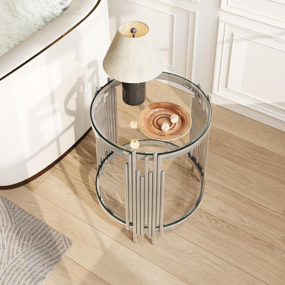 19.7" Luxury Round Silver End Table with 2-Tier Clear Tempered Glass She...