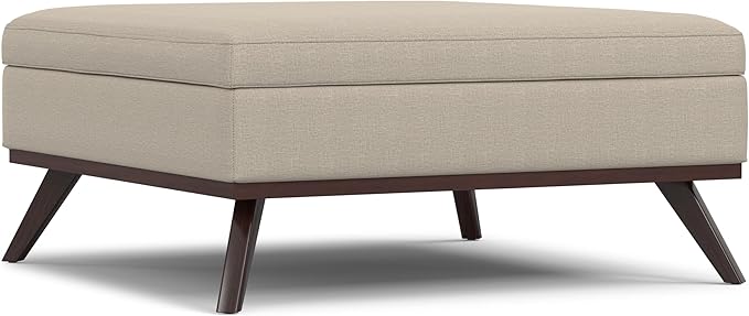 SIMPLIHOME Owen 40 inch Wide Mid Century Modern Square XL Coffee Table Storage Ottoman in Natural Polyester Fabric, Assembled, for The Living Room, Entryway and Family Room