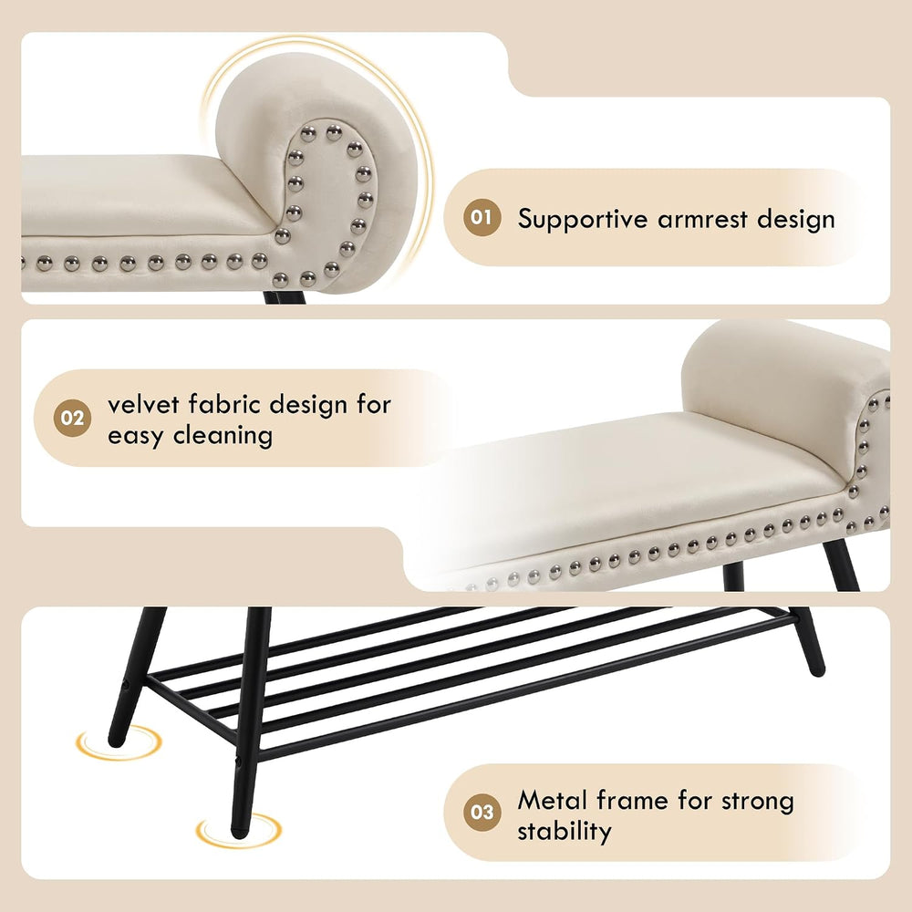 End of Bed Bench with Shoe Shelf, 45" Modern Velvet Upholstered Bedroom ...