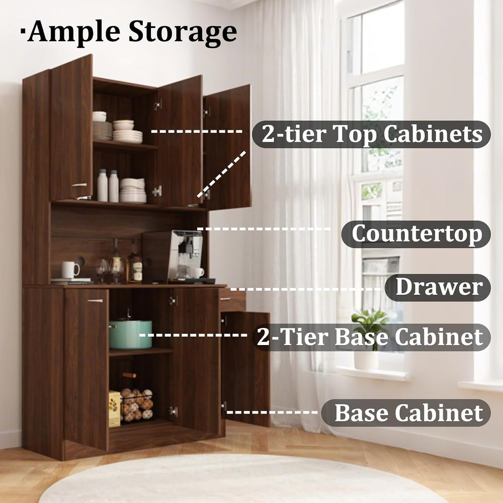 JOYSOURCE 71'' Large Kitchen Pantry Storage Cabinet with Hutch Tall B...