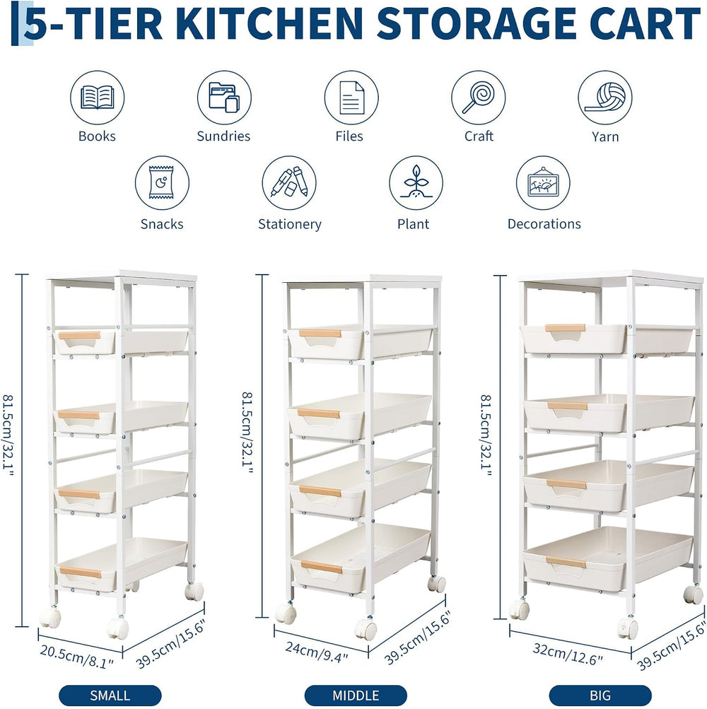 Garvee 5-Tier Slim Rolling Storage Cart, 12.6" Wooden Top Narrow Kitchen...