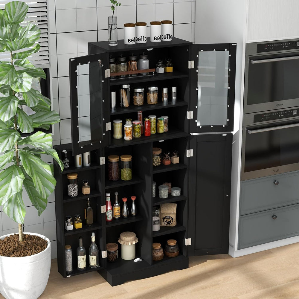 SlickBlue Tall Kitchen Pantry Cabinet with Tempered Glass Doors and Storage S...