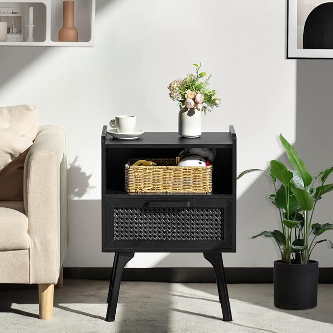 Lerliuo Rattan Nightstands Set of 2, Boho Side Table with Drawer Open Shelf, ...