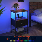 Sthmec Nightstands with Charging Station, LED Bedside Tables with Charging Station and Fabric Drawer, Night Stand with Storage, 3 Tier Side Table with Open Shelf,Nightstand Bedside Table,Rustic Brown