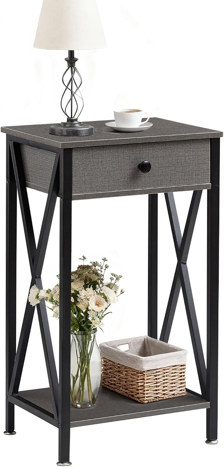 VECELO Tall Nightstand,27.6 inch Wooden End Table with Metal X-Frame,Side Tab...