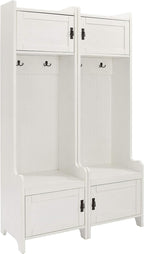 Crosley Furniture Fremont 2-Piece Hall Tree Entryway Set with Storage Cabinets and Coat Rack Hooks, Distressed White