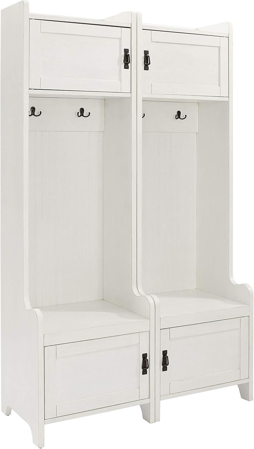 Crosley Furniture Fremont 2-Piece Hall Tree Entryway Set with Storage Cabinets and Coat Rack Hooks, Distressed White