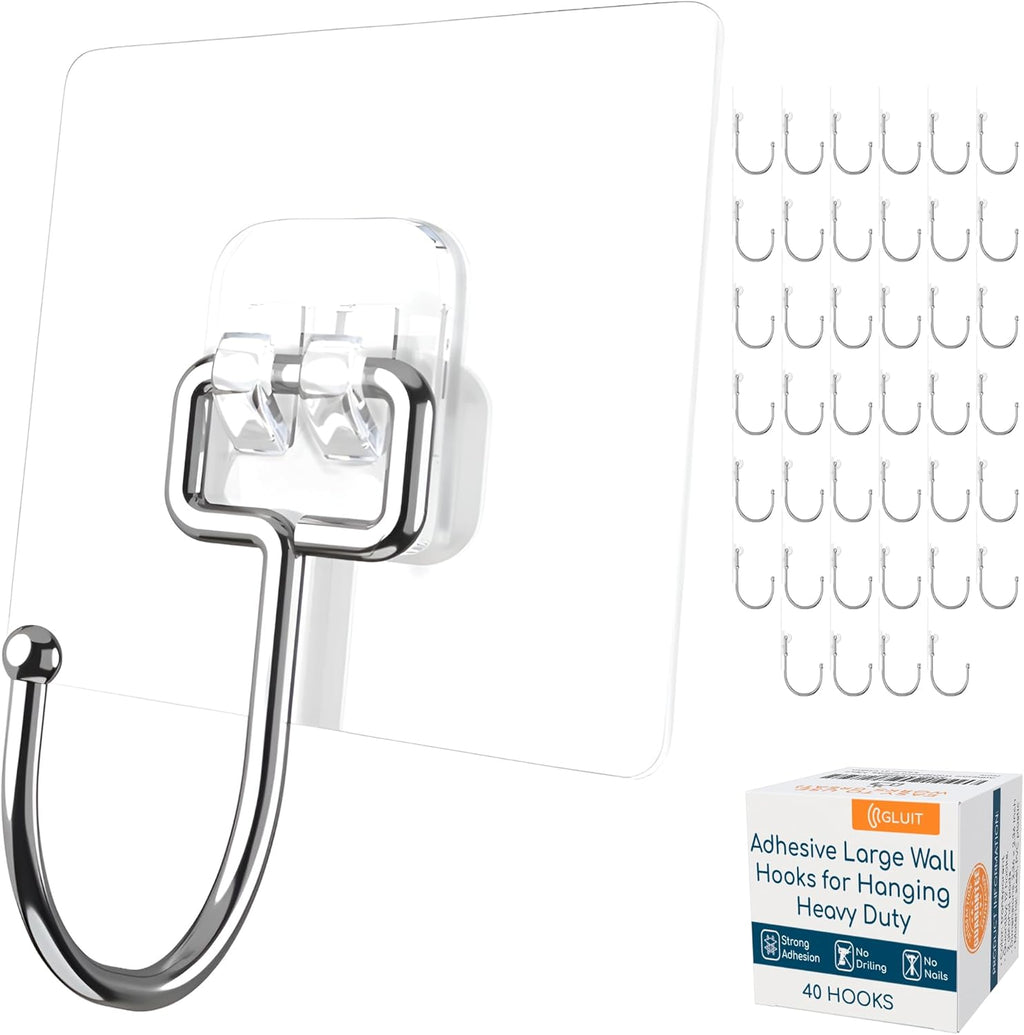 GLUIT Adhesive Large Wall Hooks for Hanging Heavy Duty 22 lbs Hooks for Walls No Damage, Towel Sticky Clear Hooks, Waterproof, Home, Bathroom, Kitchen, Office, and Outdoor 40 Pack