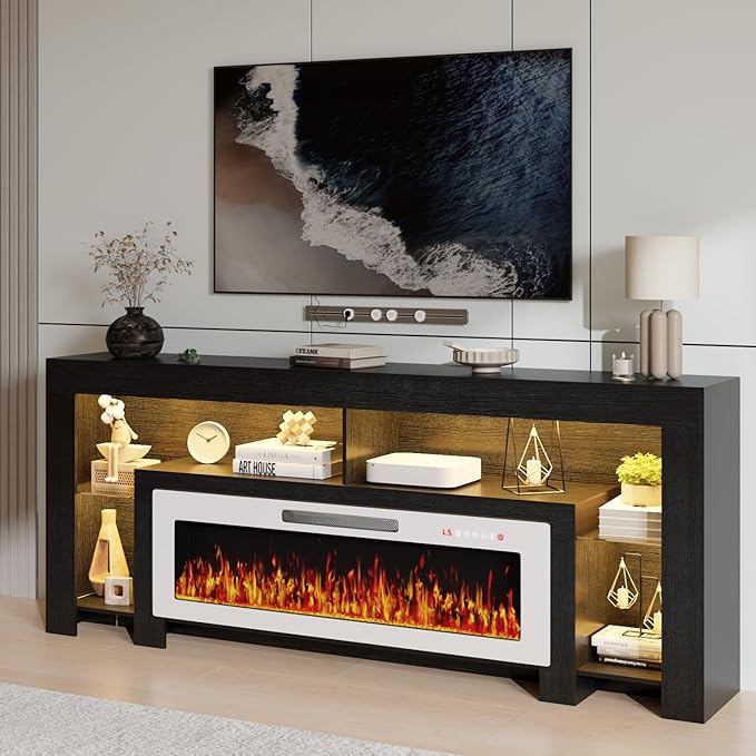 LEMBERI 80 inch Fireplace tv Stand with 50 inch White Fireplace Up to 90&quot...