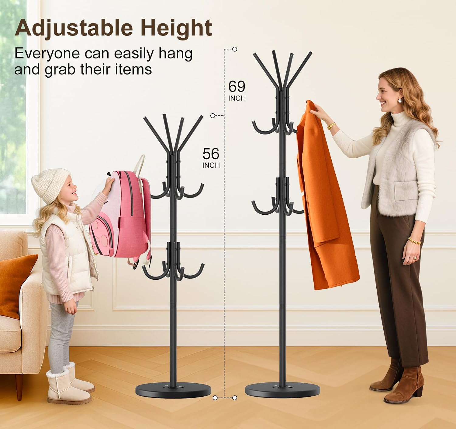 MISSLO Heavy Duty Coat Rack Freestanding with Stable Wood Base Metal Coat Tree with 12 Hooks Coats Hanger Stand Adjustable Clothes Tree for Jackets, Hats, Bags Standing Purse Rack for Bedroom, Office