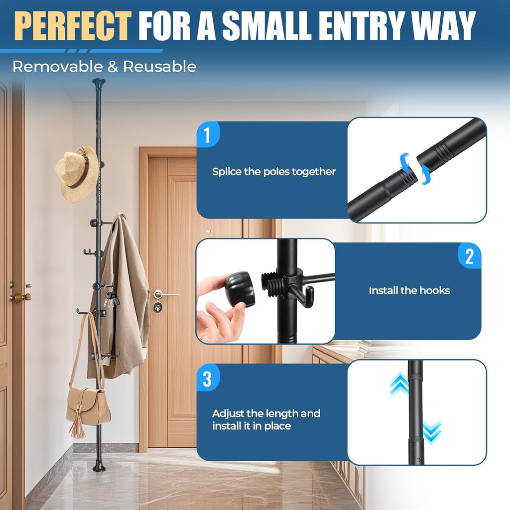 Coat Rack Freestanding with 12 Hooks - Multi-Purpose Organizer for Entryway, Bathroom, Corner & Plant Storage, No Drilling, Height Adjustable, Stainless Steel
