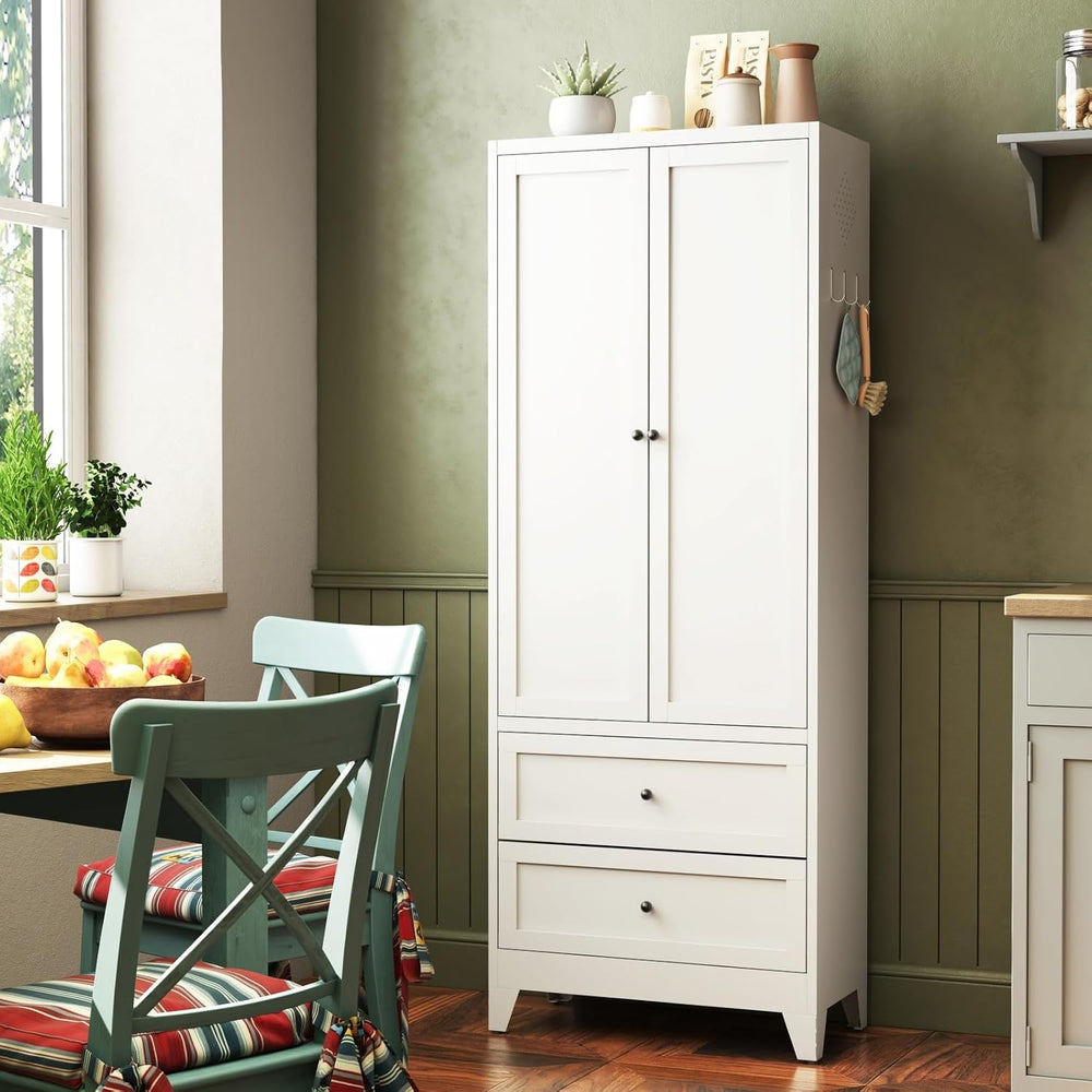 White Pantry Cabinet, Freestanding Kitchen Storage Cabinet with 2 Drawers &am...