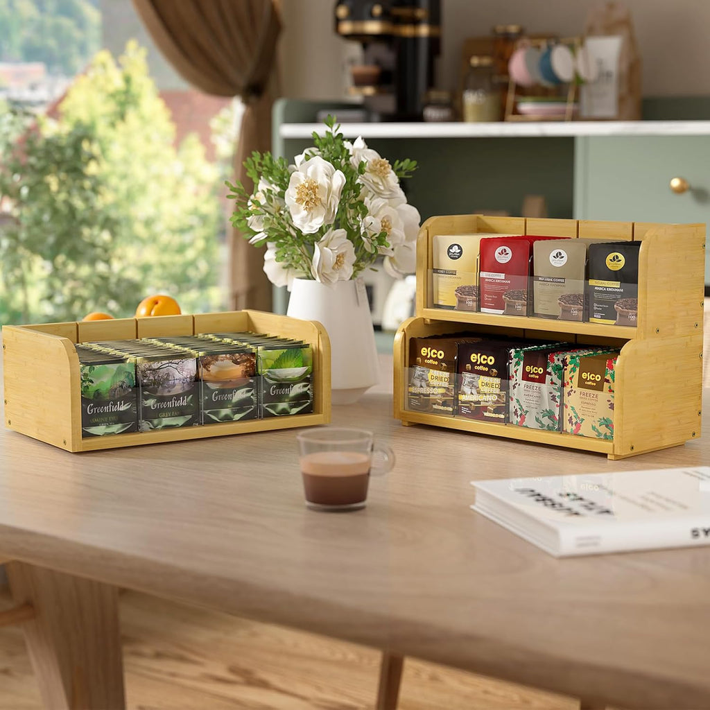 Bamboo Tea Bag Organizer, 3 Tier Stackable Tea Bags Storage Box with Acrylic Dividers
