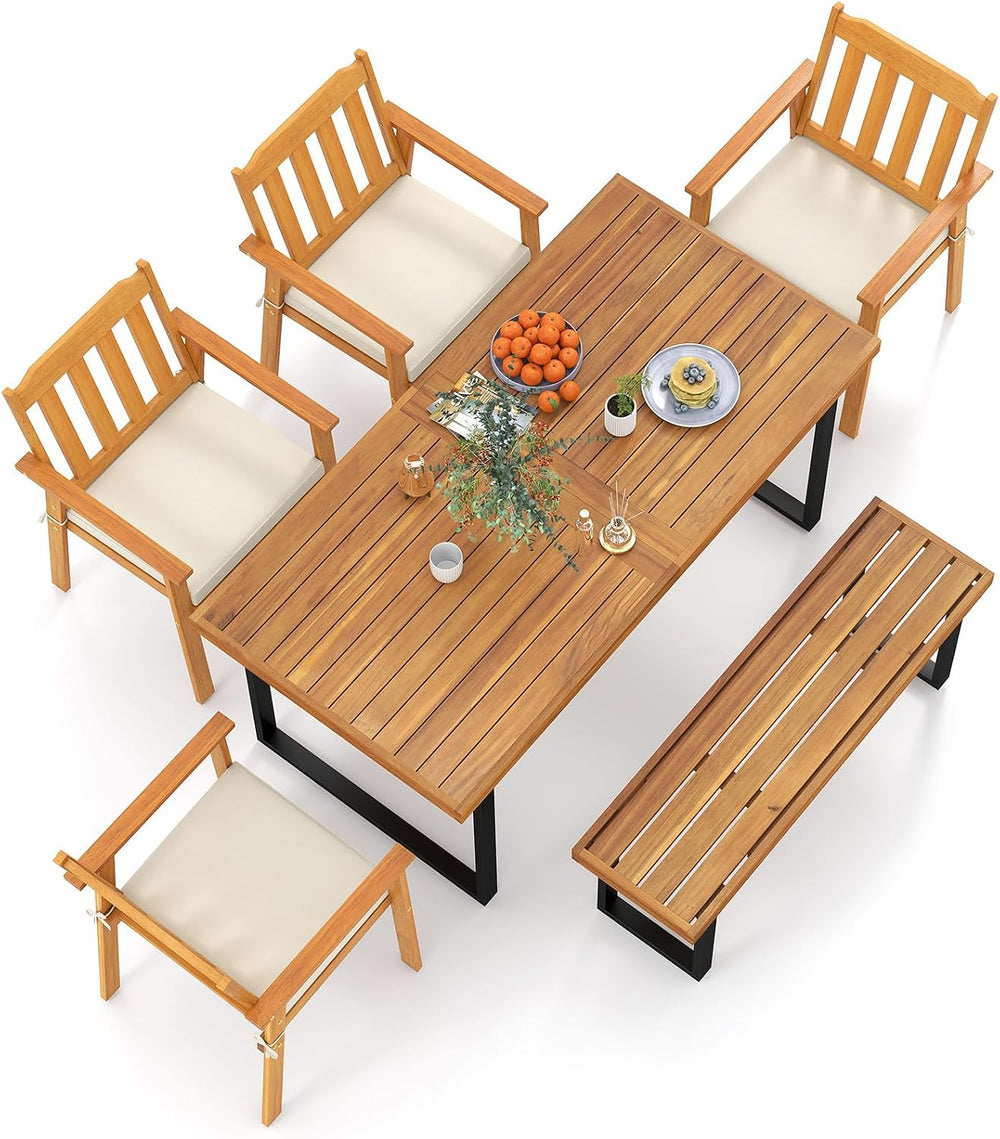 Tangkula 6 Pieces Patio Dining Table Set, 63” Rectangle Acacia Wood Table wit...
