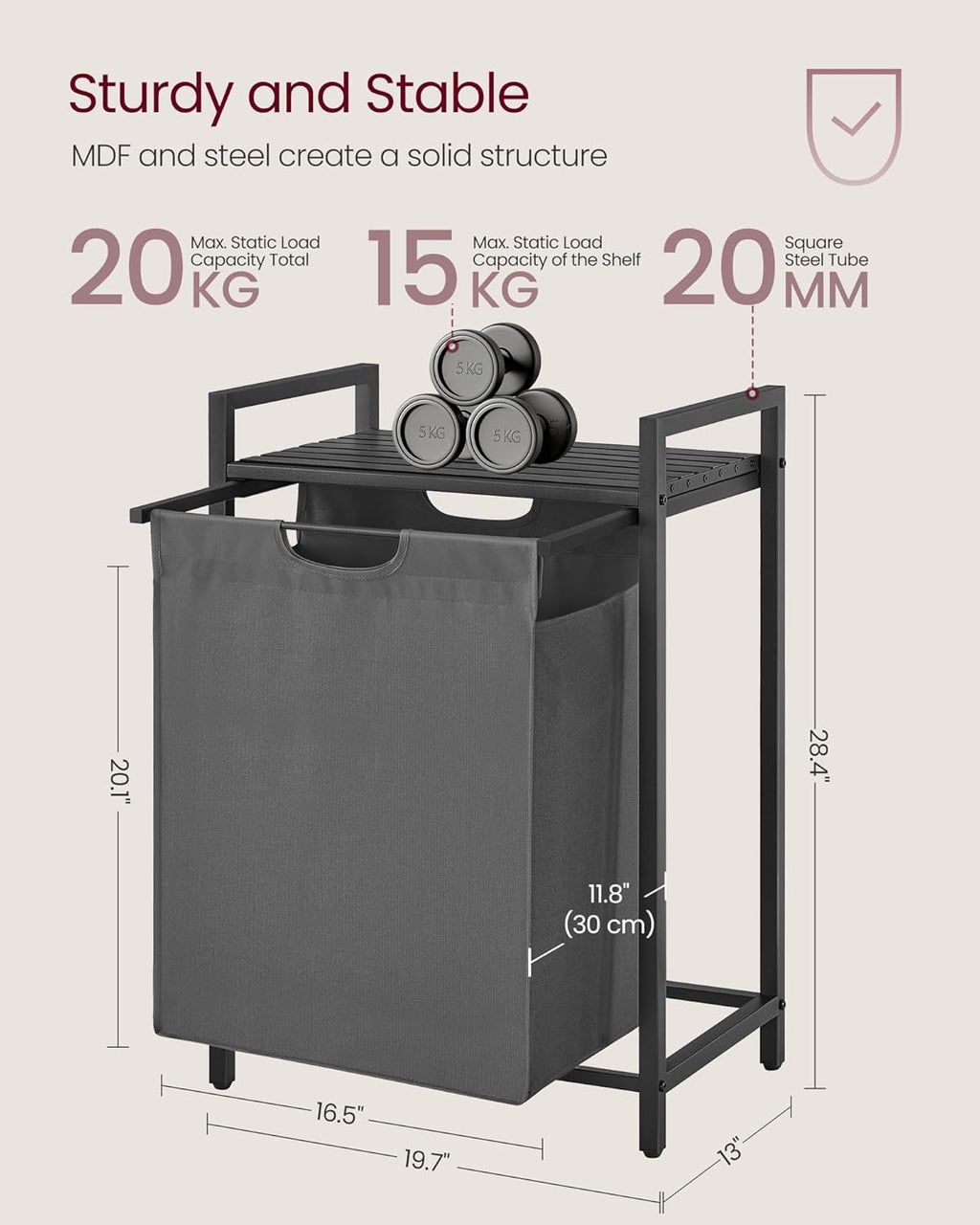 VASAGLE Laundry Hamper, Laundry Basket, Laundry Sorter with A Pull-Out and Removable Bag, Shelf, Metal Frame, 17.2 Gallons (65 L), 19.7 x 13 x 28.4 Inches, Gray and Black UBLH101G01