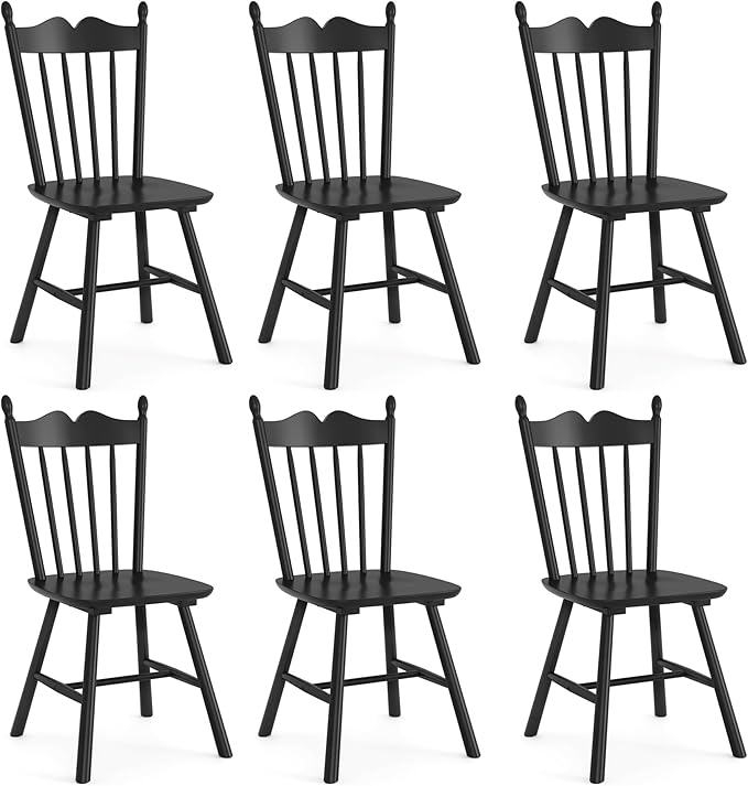 LUE BONA Black Dining Chairs Set of 6, Windsor Wooden Dining Chair with Thickened Backrest, Morden and Mid Century Kitchen Chairs for Dining Room Farmhouse, Weight Capacity 350 lbs