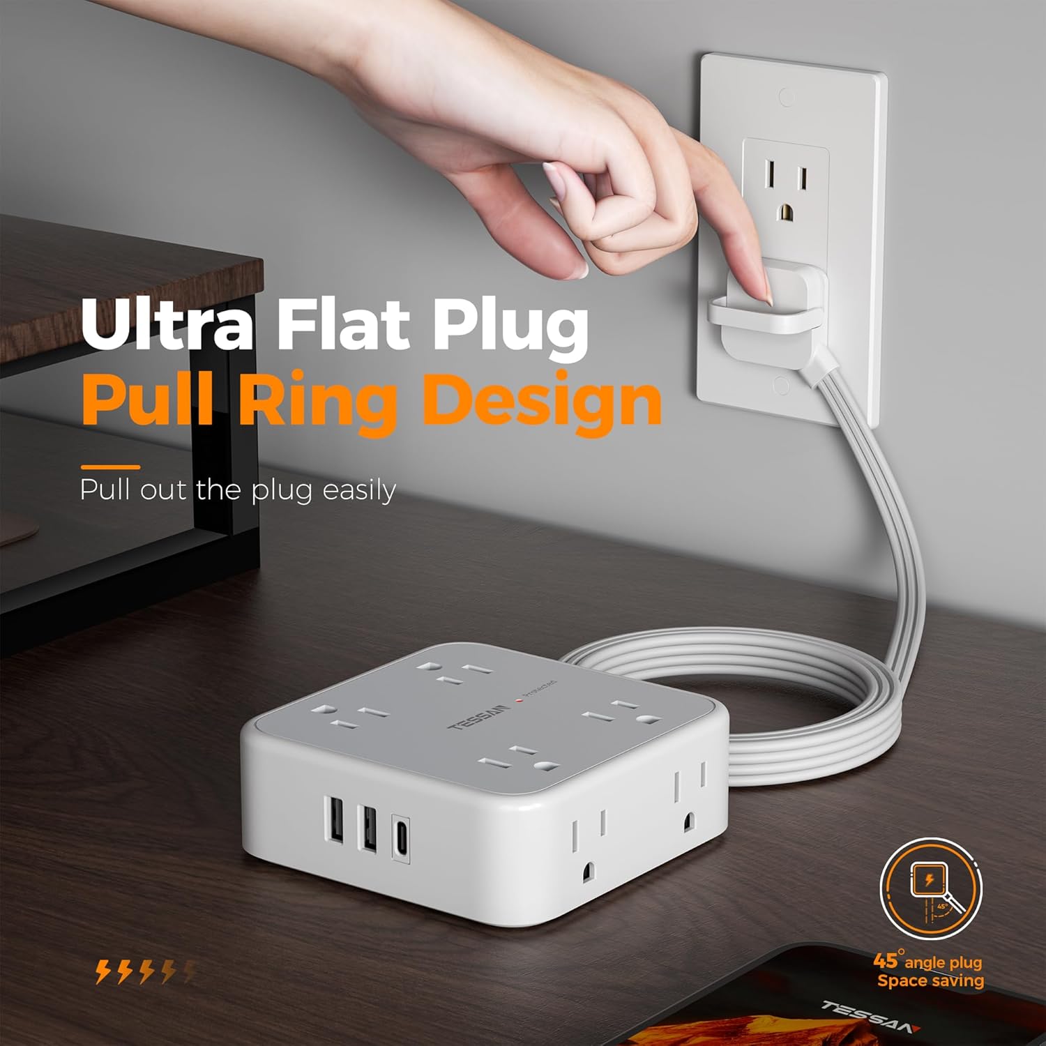 Surge Protector Power Strip, TESSAN 5 FT Flat Extension Cord with 8 AC Outlets 3 USB Ports (1 USB C), 900 Joules Protection, 3-Sided Wall Plug Extender, Desk Charging Station for Office, Dorm