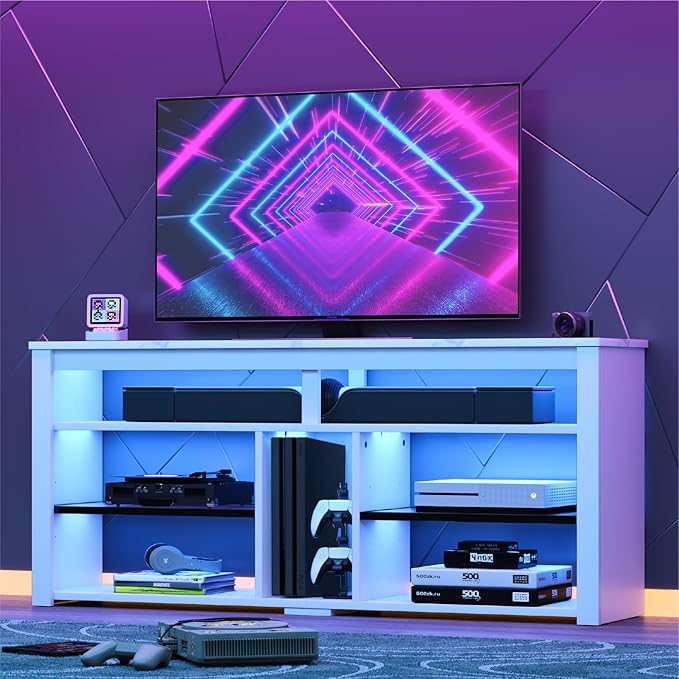 Bestier LED Tall Entertainment Center for PS4, 55 inch TV Stand for 55/60/65 inch TV, TV Console with Storage, Media TV Cabinet with Adjustable Shelf for Living Room, White Marble
