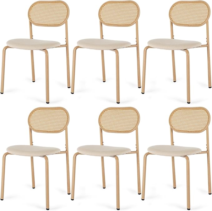 COSVALVE Boho Dining Chairs Set of 6, Upholstered Cane Dining Chair with Rattan Back Metal Legs, for Dinner Living Room Reception