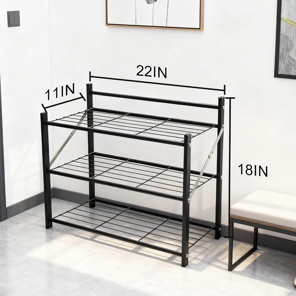 3-Tier Folding Metal Shoe Rack, Heavy Duty Free-Standing Storage Shelf for Entryway, Bedroom, Gym, Holds Shoes, Dumbbells, Multi-Purpose Organizer with Reinforced Stability