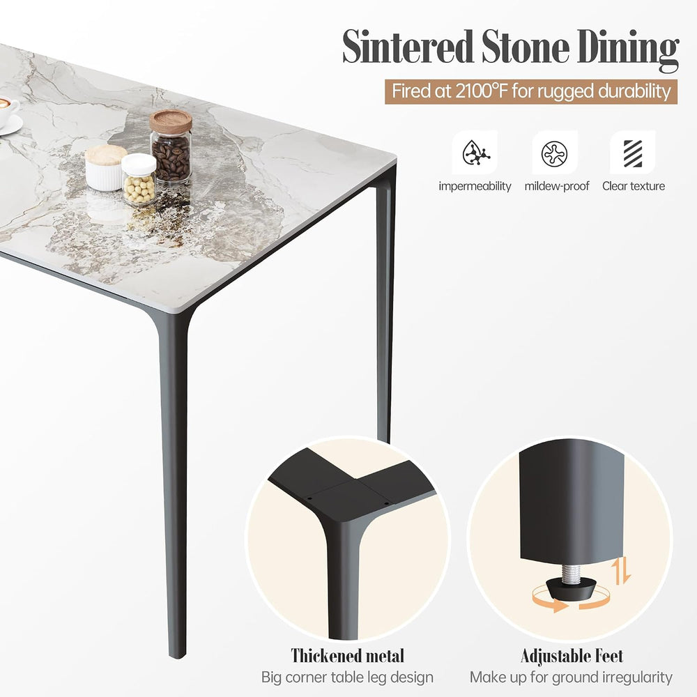 63" Dining Table with Laminate Marble Sintered Stone White Tabletop and ...