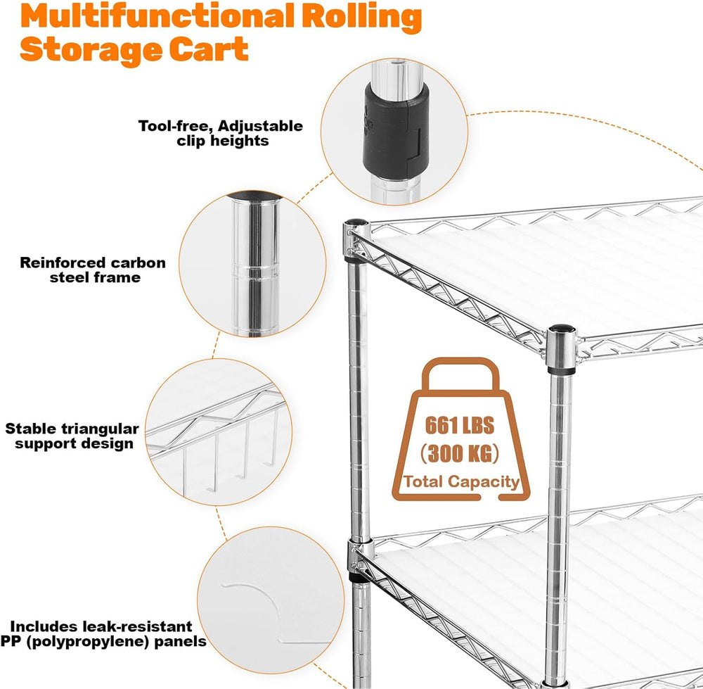 3-Tier Rolling Cart, Utility Metal Wire Cart, 30" D x 18" W x 35&qu...