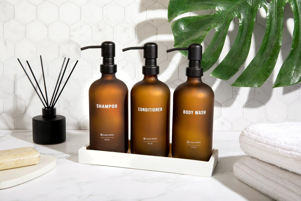 Frosted Amber Glass Shampoo and Conditioner Dispenser Set – Refillable 16 OZ Bottles with Pump, Concrete Tray Included – Modern Bathroom Organization