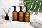 Frosted Amber Glass Shampoo and Conditioner Dispenser Set – Refillable 16 OZ Bottles with Pump, Concrete Tray Included – Modern Bathroom Organization