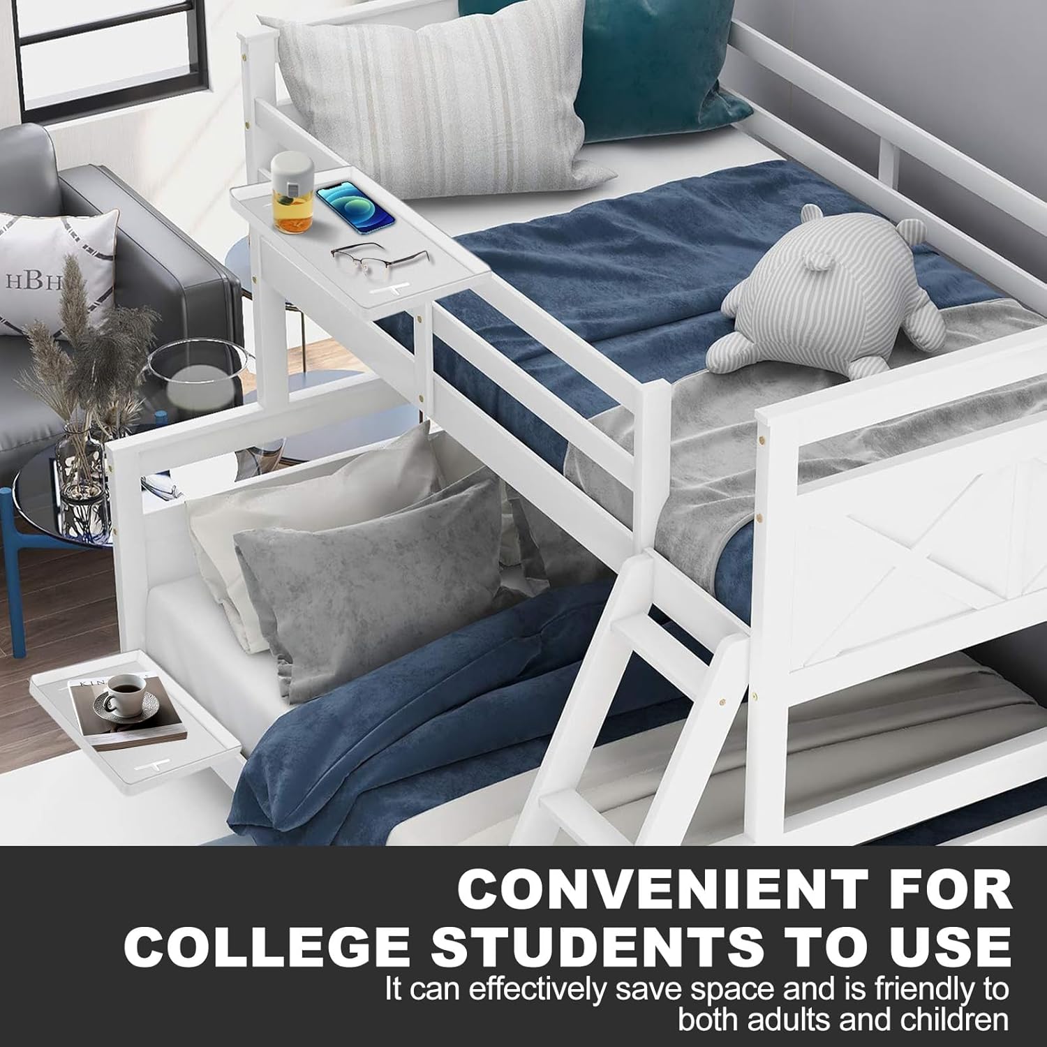 Bedside Shelf for Bunk & Loft Beds,College Dorm Room and Kids Room Essentials,Bed Side Table Tray Organizer,Clip On Nightstand,White