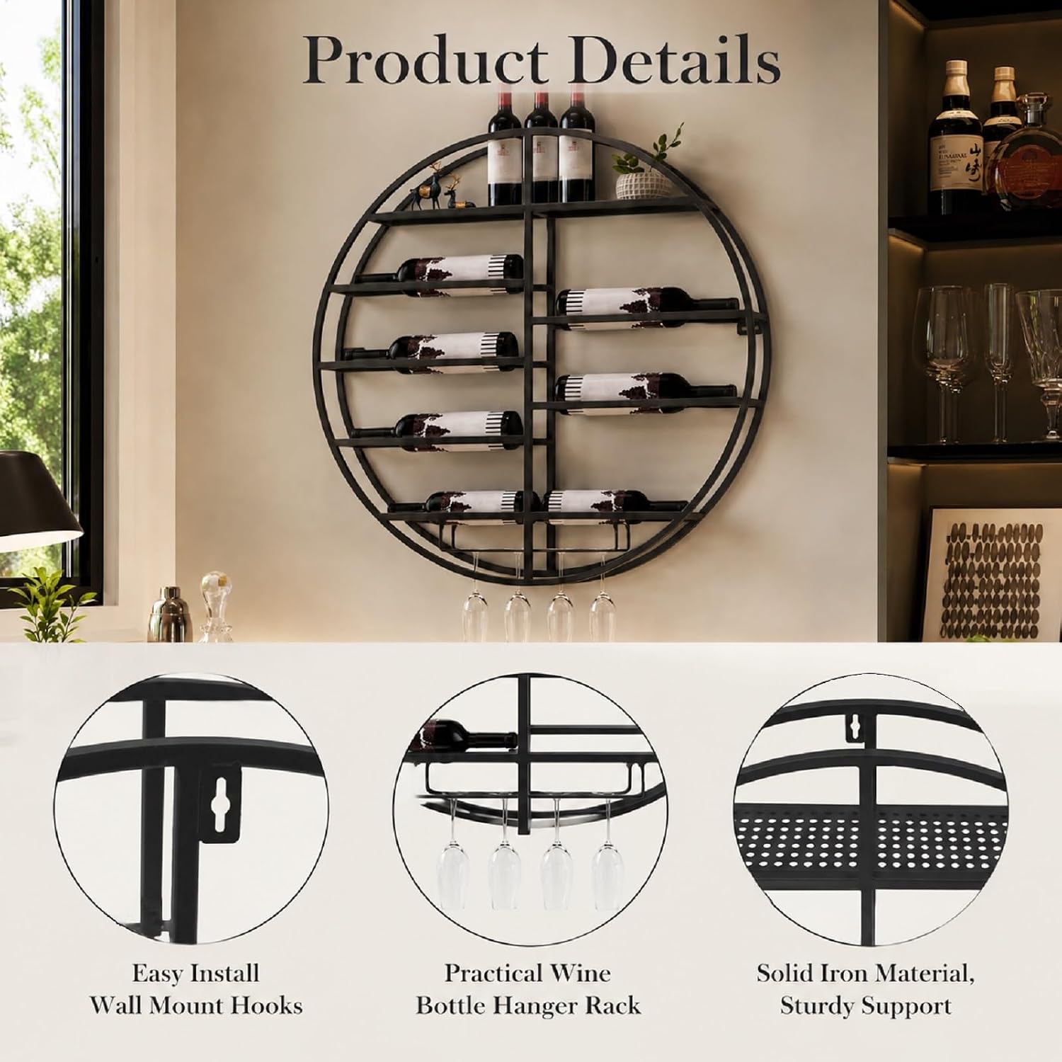Round Wall Mounted Wine Rack Modern Metal Wine Wall Display Shelf | Horizontal Circular Bottle Storage Organizer, Vintage Rustic Wall Decor for Kitchen Living Room, Wine Cellar, Home Bar, Black