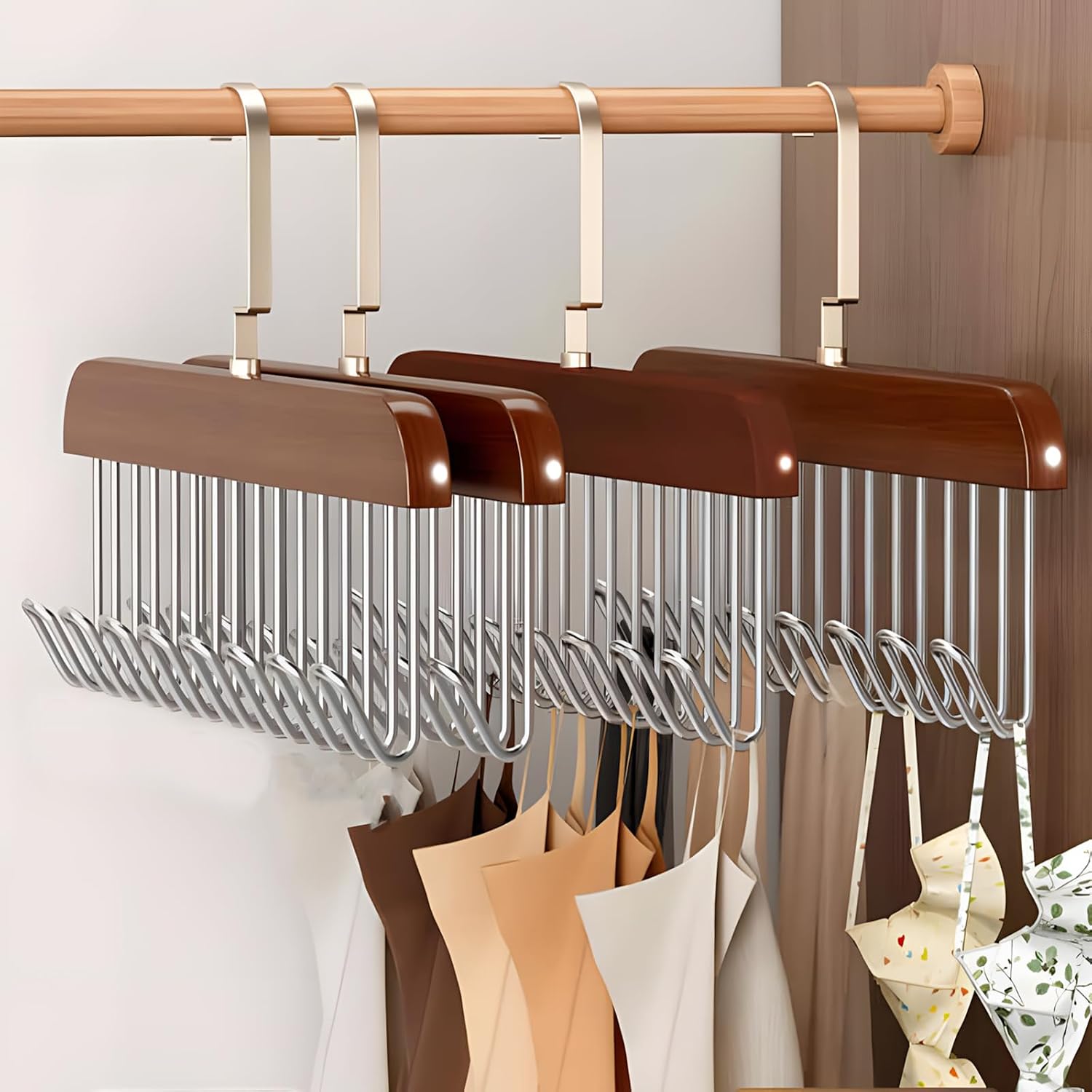 4 Pack Belt Hanger for Closet, Wooden Tie Rack Hangers for Men with 8 Hooks, Space Saving Belt Organizer, Closet Storage for Ties, Belts, Bras, Scarves, Tank Tops