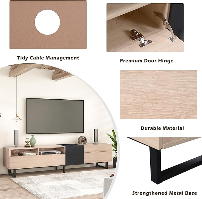 Ball & Cast 70" Modern TV Stand for TVs up to 80", Media Console with Drop-Down Door, 2 Drawers & Adjustable Shelf, Entertainment Center w/Ample Storage for Living Room, Home Theatre, Natural Wood