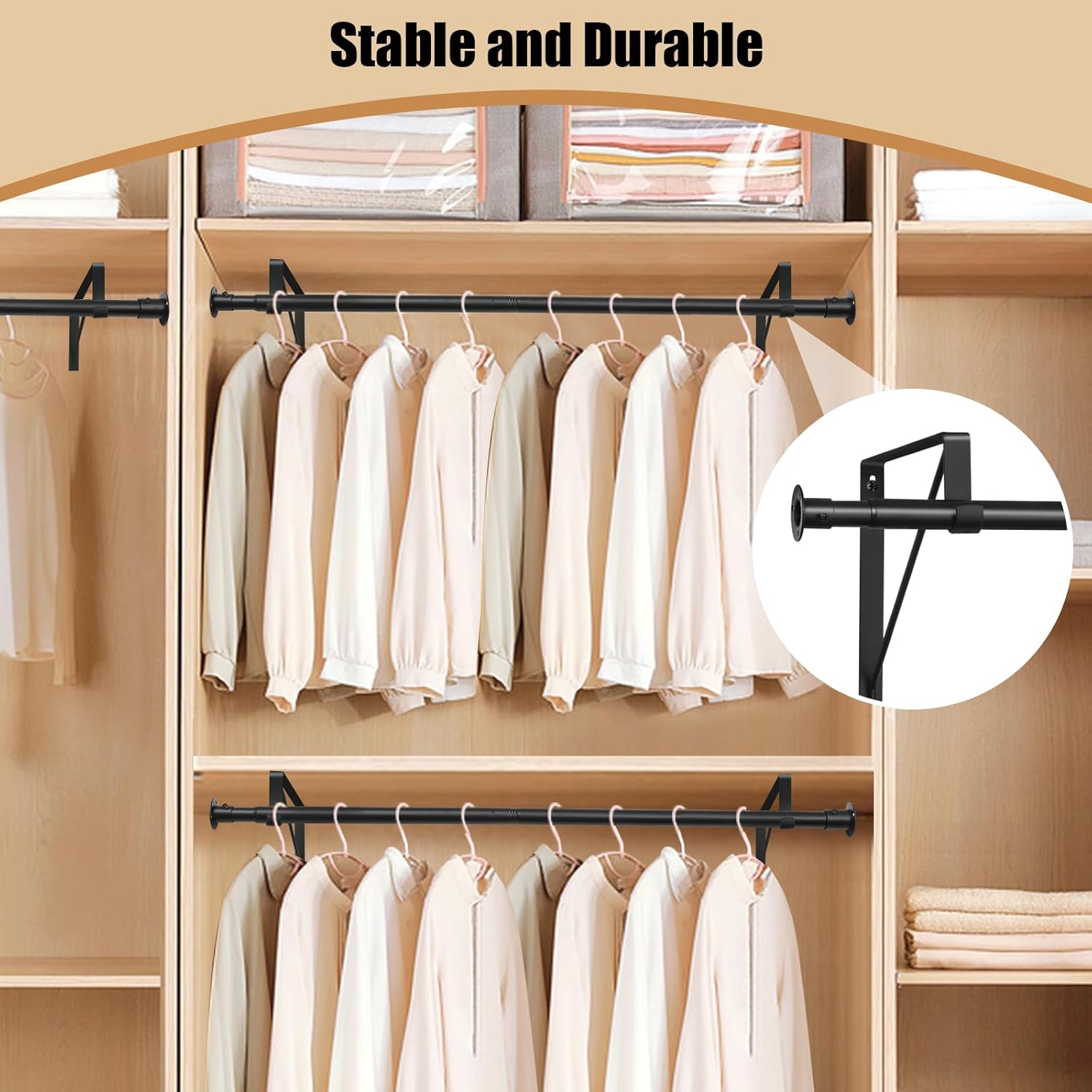 Closet Rod, 16 to 63 Inch Closet Rods Heavy Duty Adjustable Wardrobe Poles for Hanging Clothes and Heavy Duty Bracket Closet Pole Support (The Shelf NOT Included)(Black)
